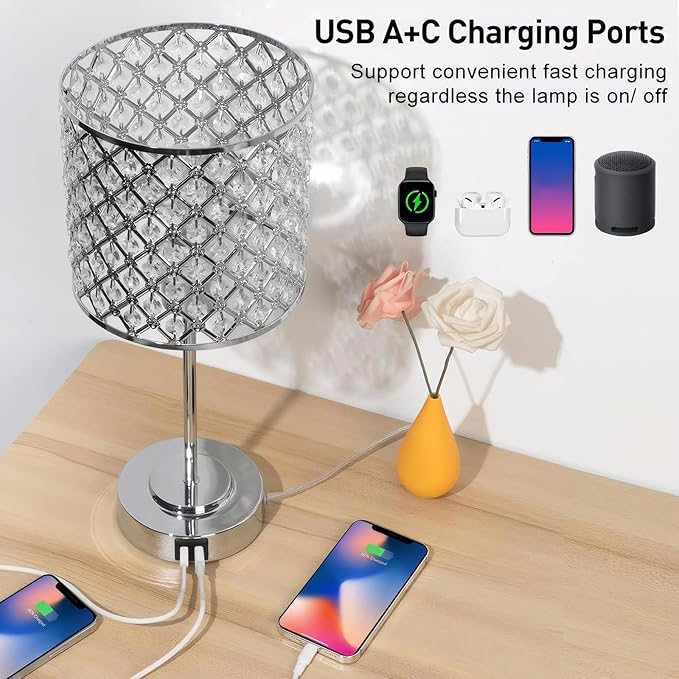 Crystal Table Bedside Lamp Touch Control, Dimmable Small Nightstand Lamp Set of 2 with USB-C+A Charging Ports, Decorative Silver Tabletop Lamp for Bedroom Living Room Guest Room, Bulbs Included