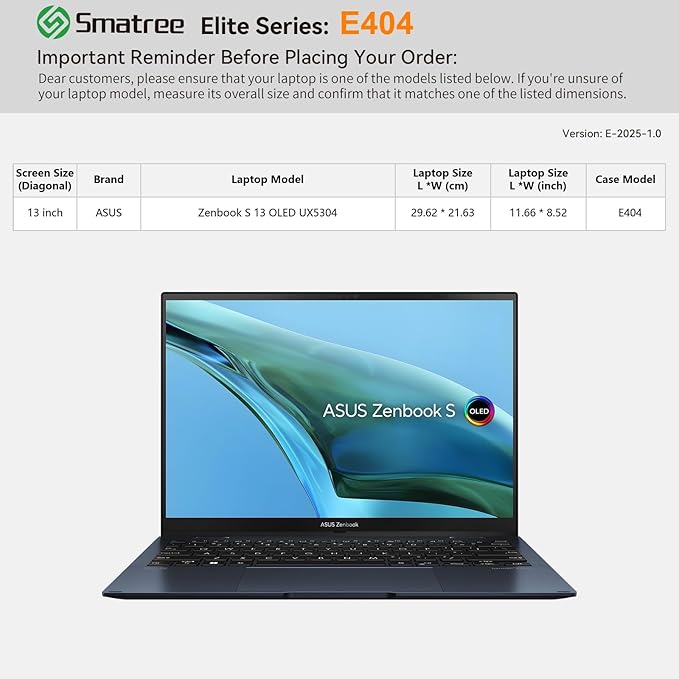 Smatree Laptop Sleeve for 13 inch ASUS Zenbook S 13 OLED UX5304,Case with Pocket,YKK Zipper,Patented Shockproof Design(E404)