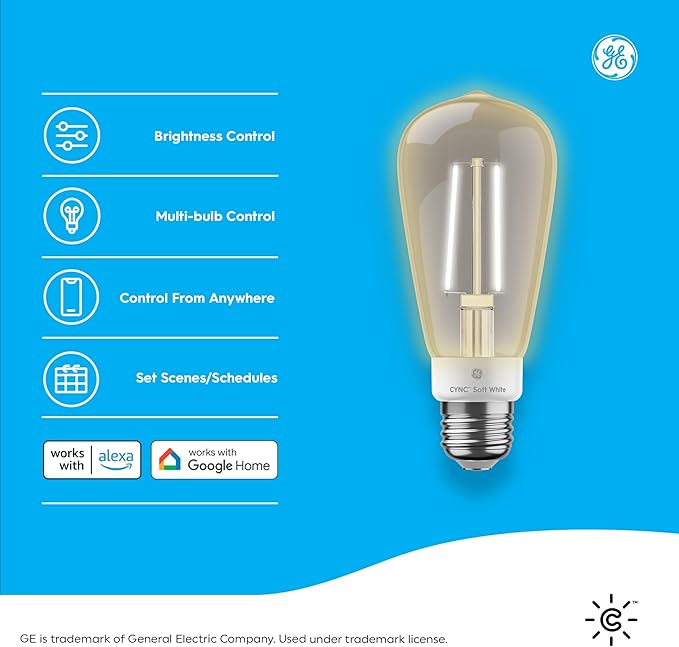 Cync GE Smart LED Light Bulb, ST19 Edison Style, Works with Amazon Alexa and Google Home, WiFi Light, Soft White, 60W Equivalent, (Pack of 4)