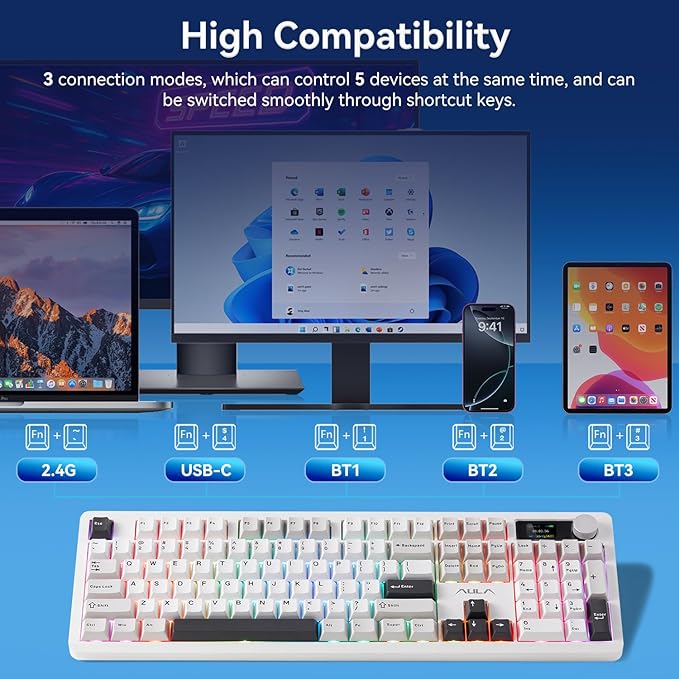 AULA F106PRO Wireless Keyboard, Full Size Mechanical Keyboard with Media Knob & Screen, 8000mAh Battery Hot Swappable Custom PBT keycaps Gaming Keyboard - Blaze Switch,Black White Grey