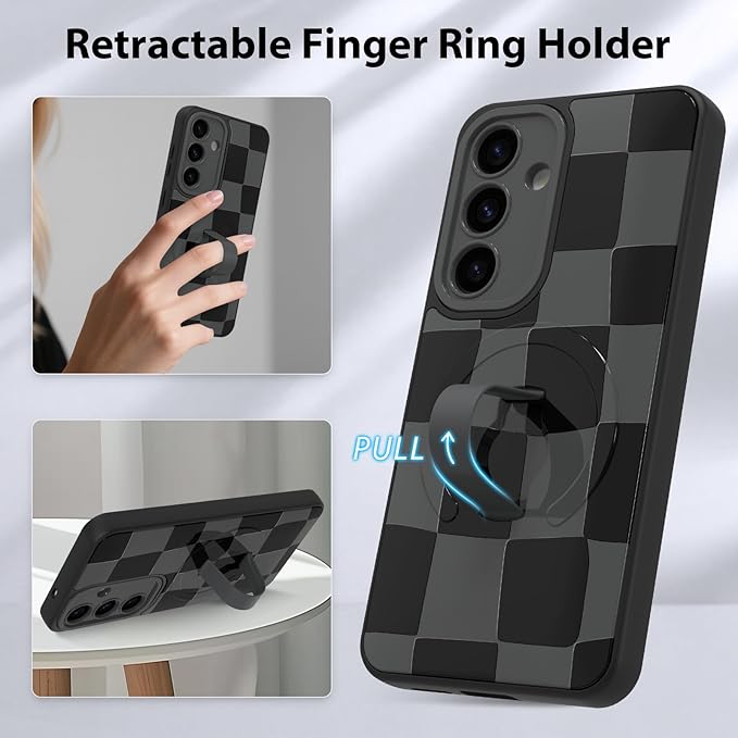 KANGHAR Compatible with Samsung Galaxy S25 Case, Support for MagSafe, Silicone Checkered Cute Pattern, Wristband Kickstand Camera Protection Soft Slim Cover for Girls Women -Black