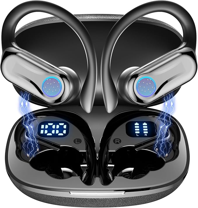Wireless Earbuds, Sports Bluetooth 6.1 Earhooks Headphones, 90H Playtime LED Charging Case, ENC Noise Cancelling, 16.2mm Driver HiFi Stereo, IPX7 Waterproof Earphones for Running Workout Gym Black