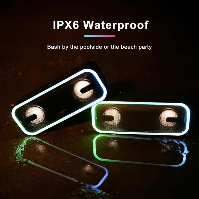 DOSS SoundBox Pro+ Bluetooth Speaker, Immersive 24W Stereo Sound with Booming Bass, IPX6 Waterproof, 15H Playtime, Mixed Colors Lights, Wireless for Backyard, Hiking, Garage, Party-Black