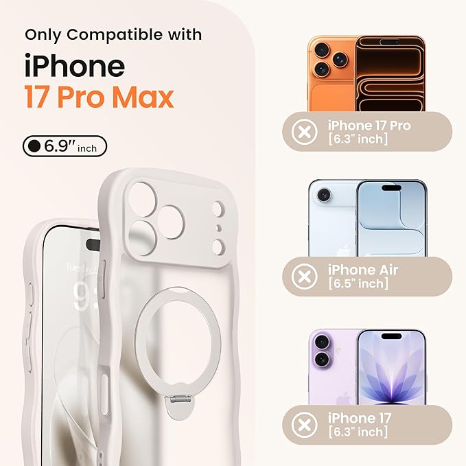 CAPRARO for iPhone 17 Pro Max Case with 360° Spin Magnetic Stand for Women, [Compatible with MagSafe] [Full Camera Protection] Cute Wave Translucent Matte Case for iPhone 17 Pro Max, Stone