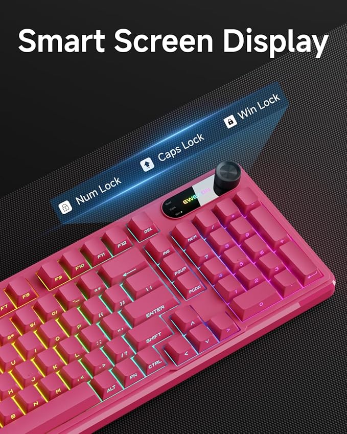 EWEADN V102 Wired Keyboard, 98 Keys Creamy Gaming Keyboard with Number Pad, Display Screen & Media Knob RGB Silent Wired Cute Computer Keyboard for Laptop PC Gamer - Dark Pink