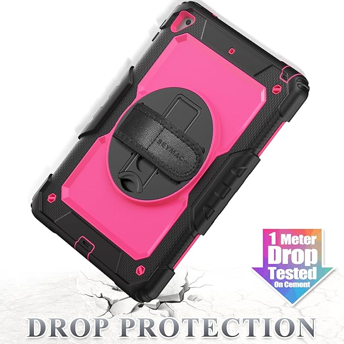 SEYMAC stock Case for iPad 6th / 5th Generation Case/Air 2 / Pro 9.7 inch, Heavy Duty Protective with Screen Protector, with Pencil Holder, Hand Strap, Shoulder Strap, 360 Rotate Stand, Pink+Black