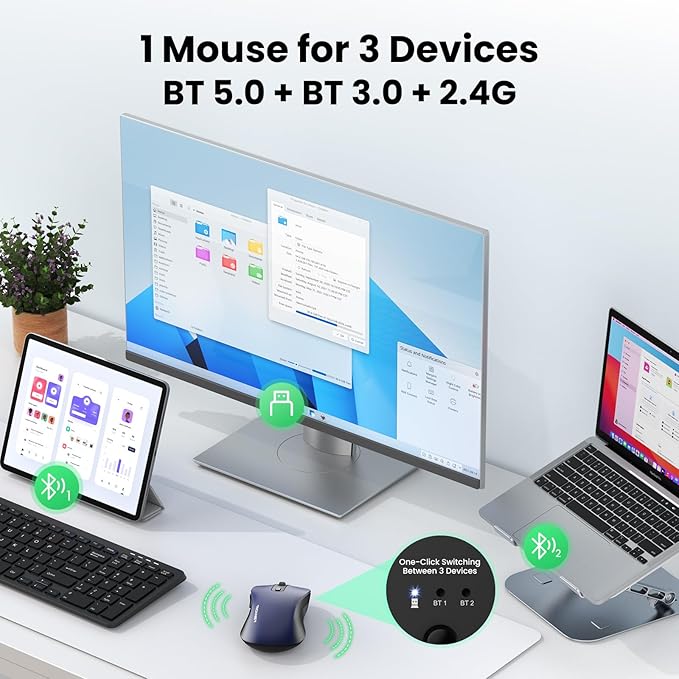 TECKNET Rechargeable Bluetooth Mouse, [ USB + BT5.0 + BT3.0 ] Wireless Mouse, Ergonomic Design, Silent Click, 6-Level 4800 DPI Wireless Mice, 3-Device Switching for Laptop, Computer, MacBook（Blue）