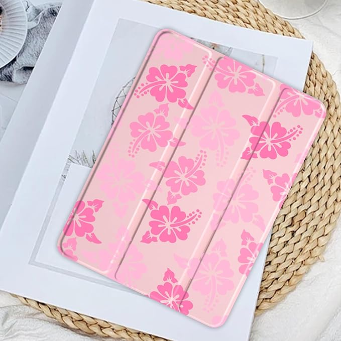 JOYLAND Pink Hibiscus Flower Case for iPad Pro 11-inch (M4) 2024 5th Generation,Clear Acrylic Hard Back Pink Case with Pencil Holder Trifold Stand Tablet Cover (Model Number:A2836/A2837/A3006)