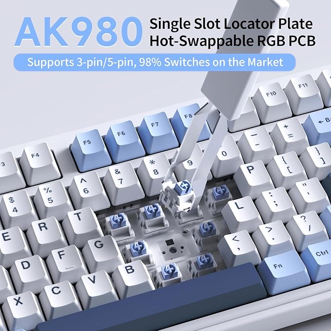 ACODEX Ajazz AK980 Blue White Wireless Mechanical Gaming Keyboard,Tri-Mode BT5.0/2.4GHz/USB-C Hot Swappable RGB Backlit Computer Gaming Keyboards for PC/Tablet/PS/Xbox