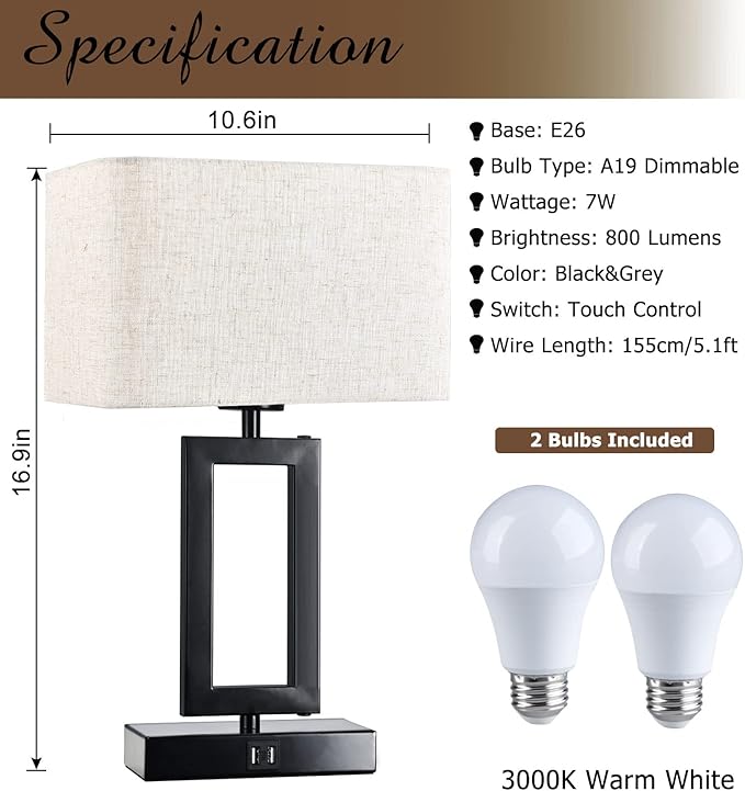 Lamps Set of 2 Touch Control Table Lamps with Dual USB, 3-Way Dimmable for Bedroom, Living Room, Office - LED Bulbs Included - Black & Cream
