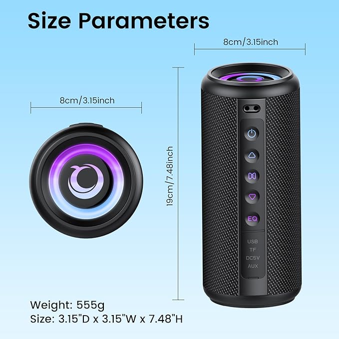 Portable Bluetooth Speaker, 2026 Bluetooth 5.4 Wireless Speaker with 20W HD Loud Stereo Sound, TWS Pairing, 20H playtime, RGB Lights, IP7, Built-in Mic, for Outdoor, Home, Beach, Party, Gift, Black