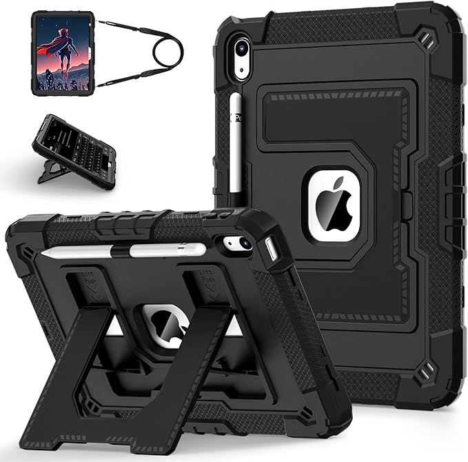 for iPad 11 Inch (A16) 11th /10th Generation 10.9 Inch iPad Case 10th Generation with Shoulder Strap,Heavy Duty Shockproof Cover for i Pad 11th/10th Gen,Black