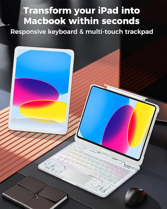 TSQQST Clear Wireless Keyboard Case for iPad (A16) 11th Generation 11-inch 2025/ iPad 10th Generation 10.9-inch 2022 with Pencil Holder & Multi-Touch Trackpad, 7-Color Backlit, 360 Rotatable, White