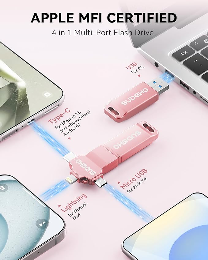 MFi Certified Photo Stick 256GB USB Flash Drive for iPhone, 4 in 1 External Memory Thumb Drive for Picture Video Backup, High Speed Memory Stick Pen Drive for iPhone/iPad/Android/PC (Rose Pink)