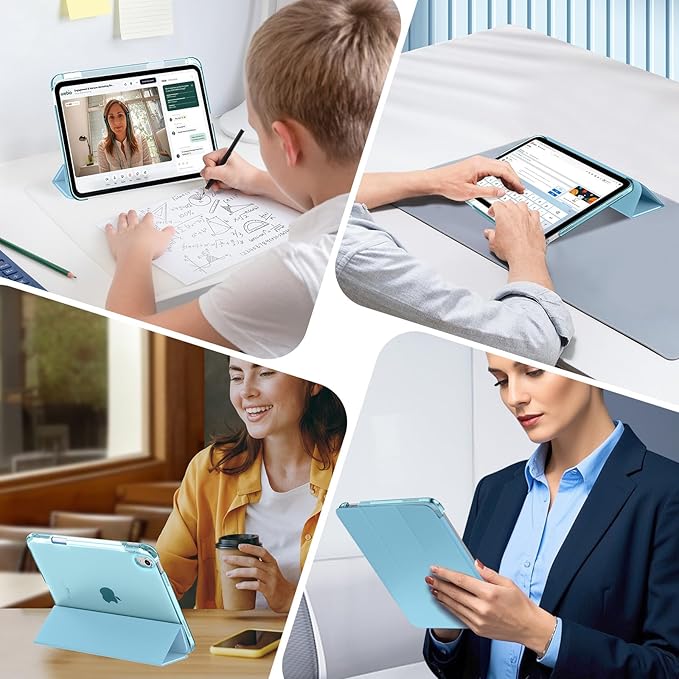 MoKo for iPad Air 11 inch Case (M4/M3/M2) 2026/2025/2024, iPad Air 5th/4th Gen 10.9 inch Case 2022/2020 with Pencil Holder, Slim Light Trifold Cover with Hard PC Translucent Back Shell, Misty Blue