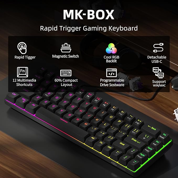 MageGee 60% Rapid Trigger Gaming Keyboard, Hall Effect Magnetic Switch, Actuation Point Adjustable, Hot Swappable RGB Backlit Wired Keyboard with Arrow Keys for Win/PC/MAC, Black