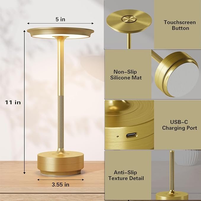 Cordless LED Table Lamp,Portable Rechargeable USB-C Battery Operated Table Lights IP54 Waterproof 3 Levels Brightness Light with Memory Function,for Terrace, Western Restaurant, Cafe(Gold)