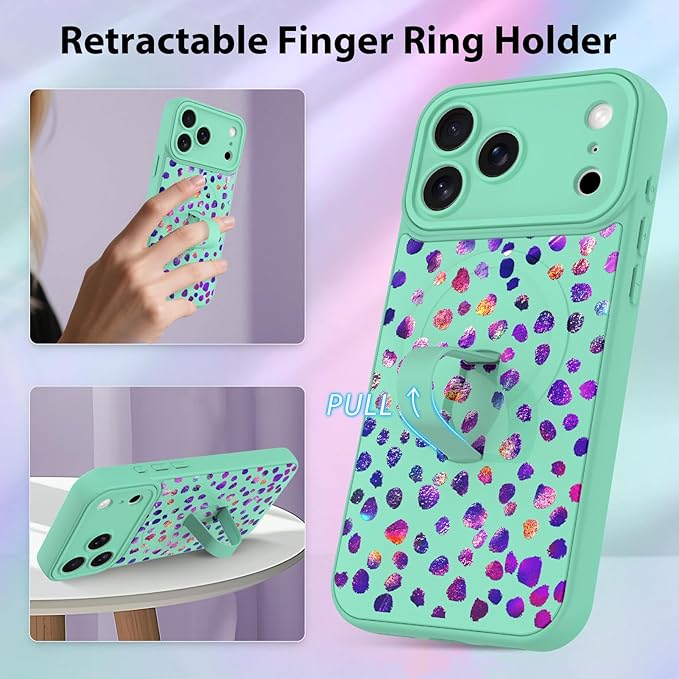 KANGHAR Compatible with iPhone 17 Pro Max Case, Support for MagSafe, Silicone Cute Iridescent Pattern Leopard Print Cheetah, Wristband Kickstand Shockproof Soft Slim Cover for Girls Women, Green