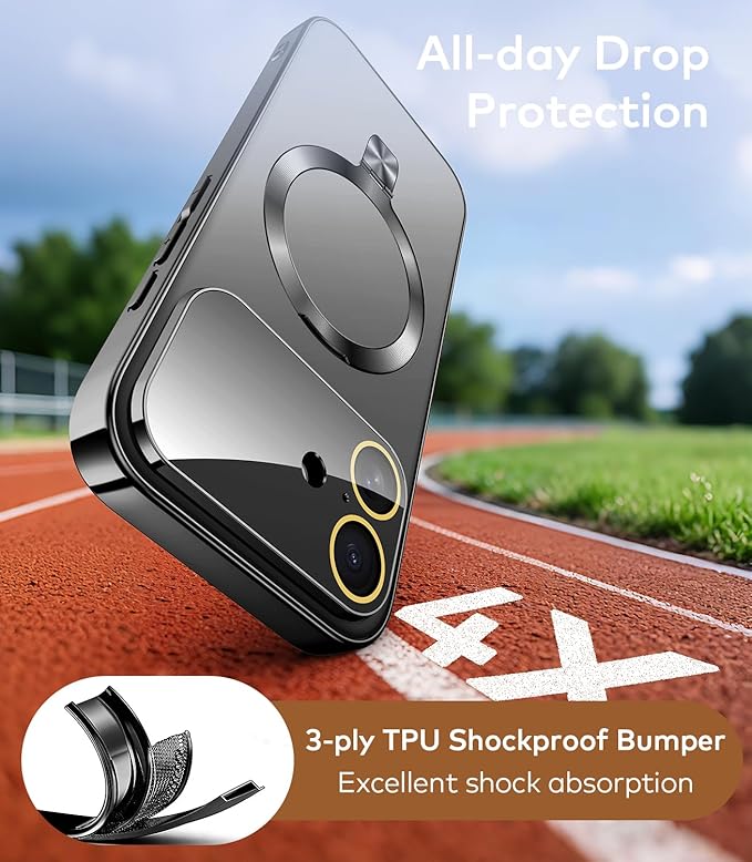 TOBOVON Magnetic for iPhone 17 Case with Ring Stand, Fits MagSafe, with Built-in Camera Lens Protector, Slim Electroplated Shockproof Phone Cover, Black