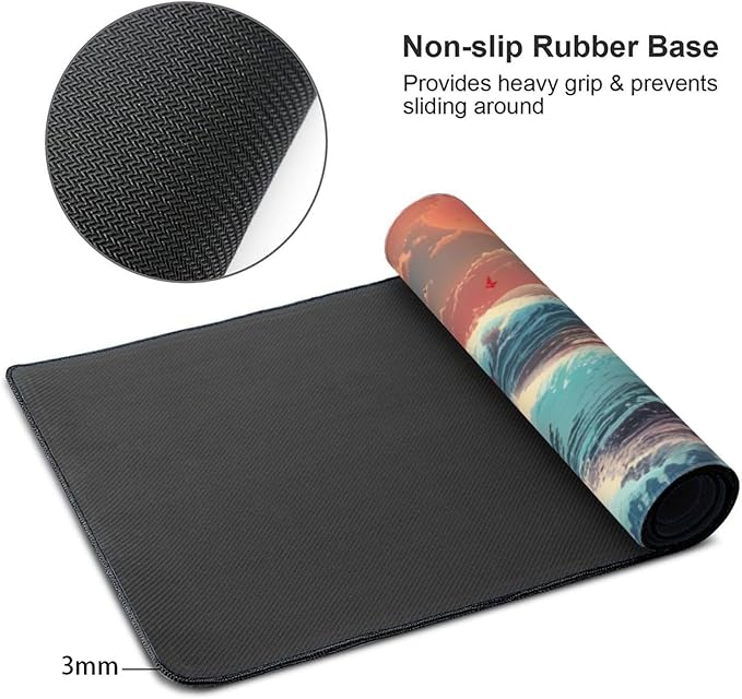 XXXL Japanese Sea Wave Desk Mat 48"x24" - Full Desktop Protector & Non-Slip Gaming Mouse Pad with 3mm Thick Base & Stitched Edge for Dual Monitors, Office & Home
