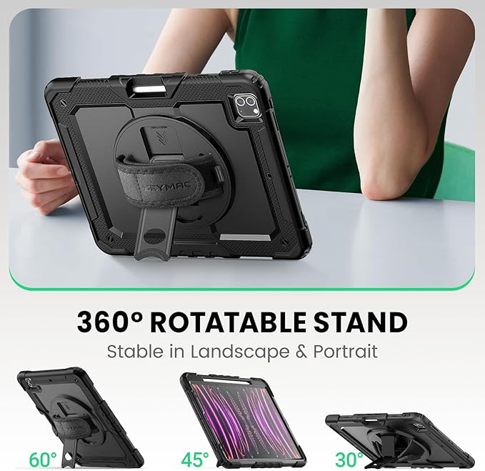 SEYMAC Case for iPad Pro 12.9 2022/2021/ 2020/2018, Heavy Duty Protection Shockproof Case with Screen Protector, 360° Rotating Stand/Handle/Shoulder Strap, Supports Pencil 2 Charging, Black
