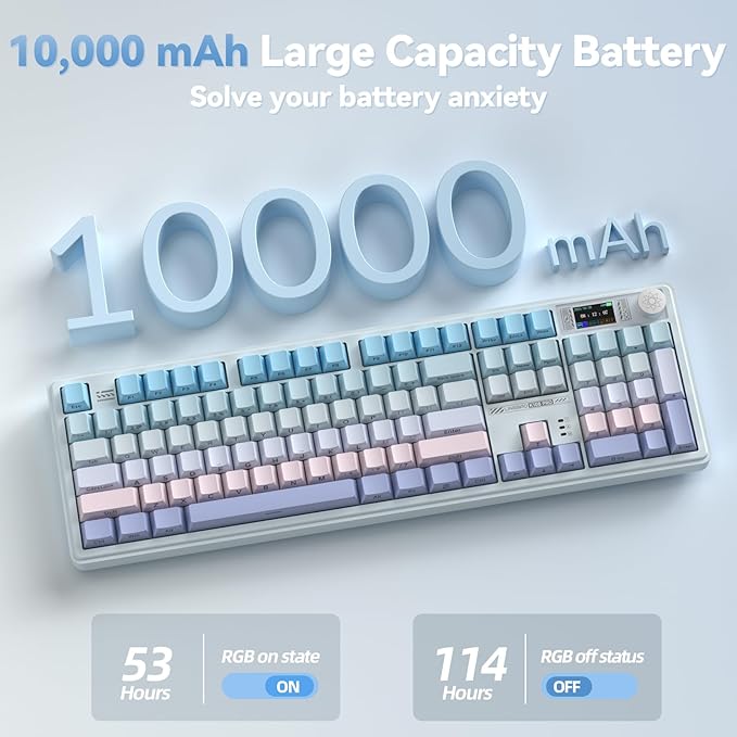 CORBOBO LINGBAO K108 Pro Wireless Mechanical Keyboard with Screen & Knob, Full Size Creamy Keyboard with Number Pad, 10000mAh Battery, PBT Keycaps, RGB Backlit, Hot-swappable Gaming Keyboards