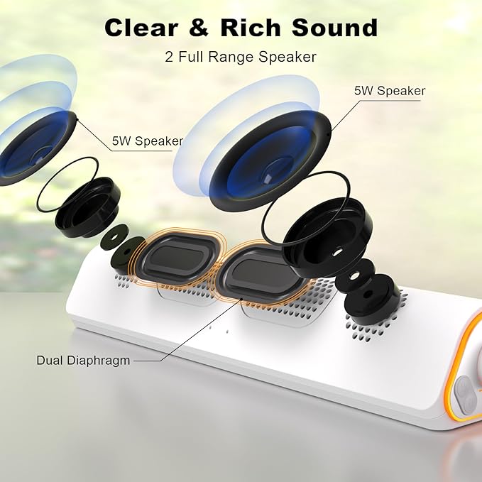SOULION R50 Bluetooth Computer Speakers, 3.5mm PC Sound Bar for Desktop Monitor, Wired USB Powered & Colorful LED Lights with Switch Button, Surround Sound Soundbar PC Spearkers for Computer, White