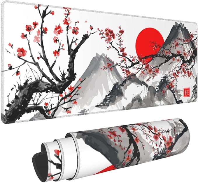 Extended Gaming Mouse Pad XL，White Japanese Cherry Blossom Large Mouse Mat Desk Pad, Extended Stitched Non-Slip Rubber Edges Mousepad 31.5 X 11.8 Inch