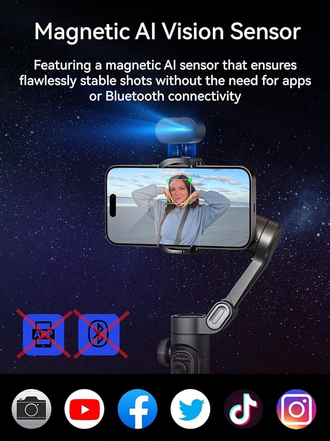 AOCHUAN Gimbal Stabilizer for Smartphone with AI Tracking Sensor, Gimbal with Focus Wheel for Phone/Android, Phone Stabilizer with 7.0 Anti-Shake for Video Recording-Smart XE AI