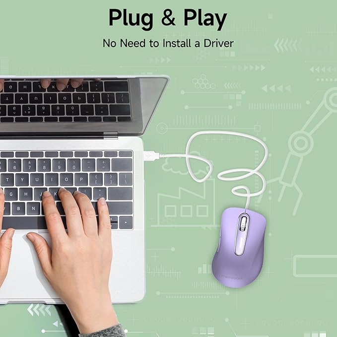 memzuoix Wired Mouse, USB Computer Mouse 1400 DPI Mobile Optical Mouse Ergonomic Design Computer Mice with 5FT Cord for Laptop, PC, Desktop, MacBook, 5 Buttons (Lilac)