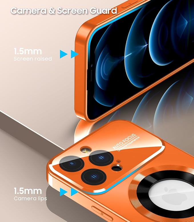 MAKAVO Magnetic for iPhone 12 Pro Max Case, Compatible with MagSafe, Built-in Camera Lens Protector, Logo View, Military Grade Drop Proof Phone Case Cover, Orange