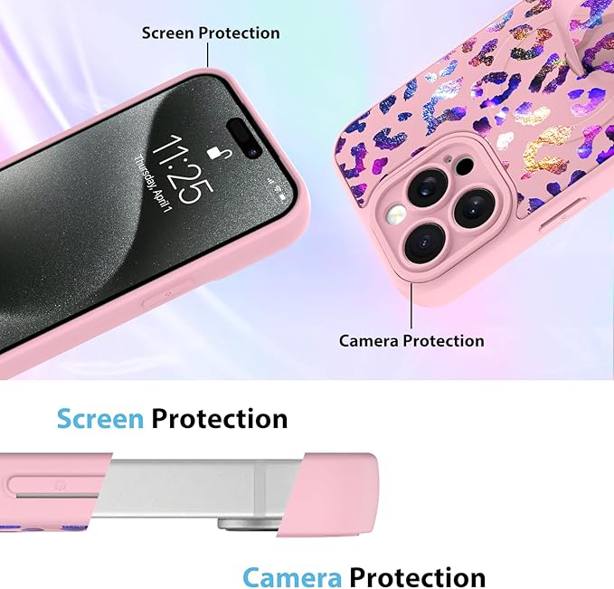 KANGHAR Compatible with iPhone 15 Pro Max Case, Support for MagSafe, Silicone Cute Iridescent Leopard Cheetah Pattern, Wristband Kickstand Shockproof Protective Slim Cover for Women Girls, Pink