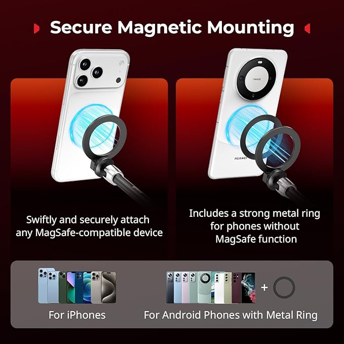 SmallRig Magic Arm Clamp w/ 1/4" Screw, Phone Mount for Magsafe & Magnetic Adapter Ring, 11 Inches Integrated Magic Arm for iPhone, for Android, for Action Cameras/LCD Monitor/LED Lights - 5604