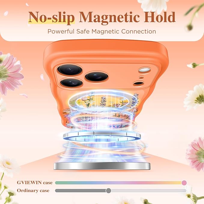 GVIEWIN for iPhone 17 Pro Max Case Compatible with MagSafe [Curly Wave Edge][Full Camera Protection] Floral Translucent Shockproof Magnetic Women Phone Case for 17 Pro Max, Primrose/Orange