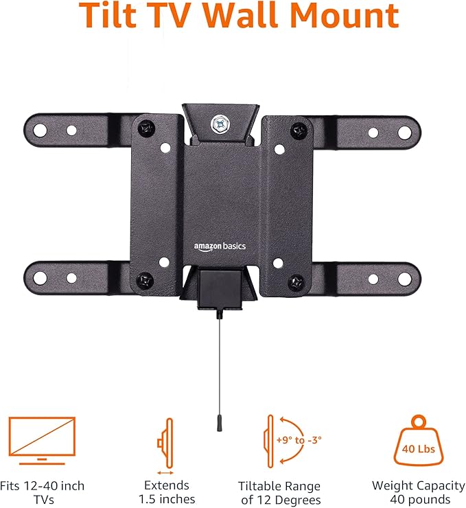 Amazon Basics Tilting TV Wall Mount for Wood Studs, Fits 12-40 inch TVs up to 40 lbs, VESA 200x200, Black