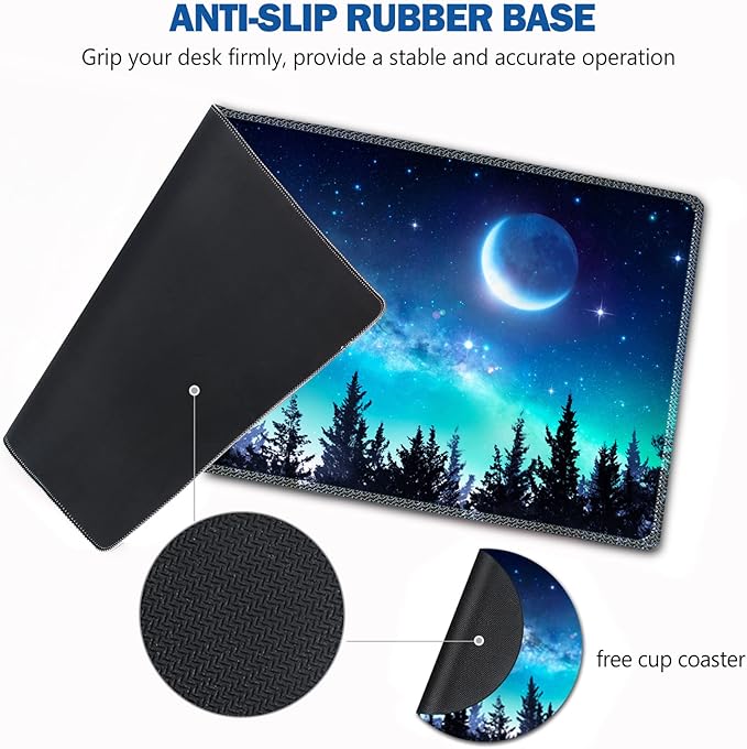 Large Gaming Mouse Pad, AIMSA Extended Mouse Pad with Stitched Edge, XL Keyboard Mouse Mat Non-Slip Rubber Base Desk Pad 31.5x15.7inch for Office Home Game Work -Forest Moon Sky