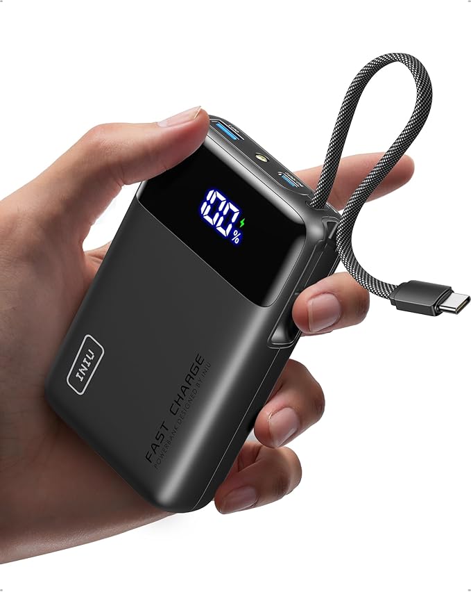 INIU 20000mAh Power Bank, Smaller 45W PD Fast Charging Portable Charger, Battery Pack with Build in USB C Cable, Travel Phone Flight-Safe Powerbank for iPhone 17 16 Samsung S26 Google iPad, Black