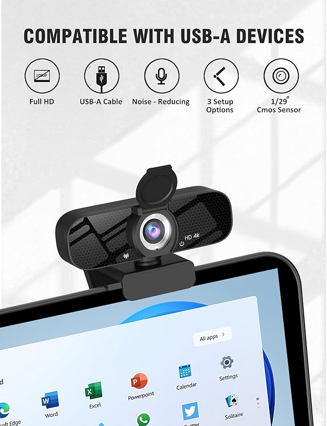 Tewiky Full HD Webcam with Built-in Microphone and Rotatable Tripod, 4K Video and Wide Angle Camera, Privacy Cover, for Desktop PC or Laptop Computer