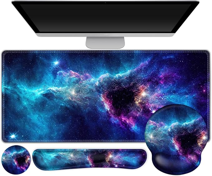 Gaming Mouse Pad, Large Desk Mat, Cute Desk Pad Protector, 4in1 XXL Mousepad + Keyboard Wrist Rest+Mouse Wrist Rest+Coaster Set with Ergonomic Desk Pad for Home Office Table Computer, Galaxy Space