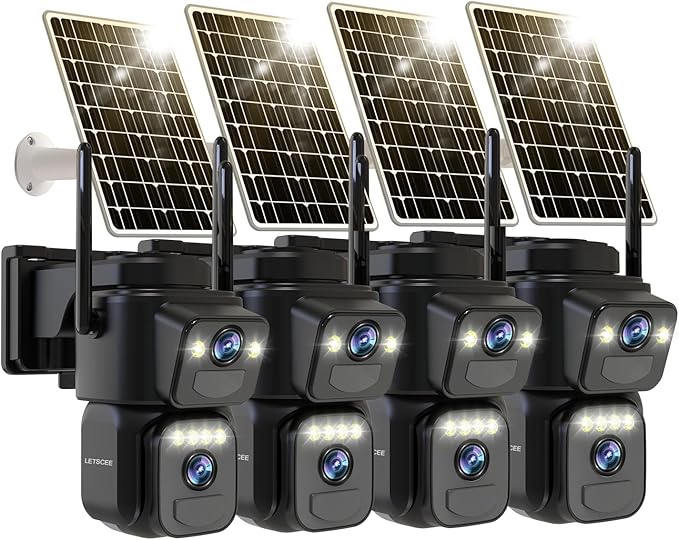 LETSCEE Dual Lens Security Cameras Wireless Outdoor，Solar Cameras for Home Security，Motion Detection,Night Vision,No Month Fee,IP65 Water Proof