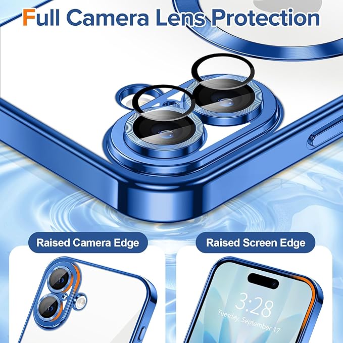 Hython Magnetic Clear for iPhone 17 Case with Camera Lens Protector [Compatible with MagSafe] Luxury Plating Edge Slim Soft TPU Cover Protective Phone Case for iPhone 17 6.3", Deep Blue