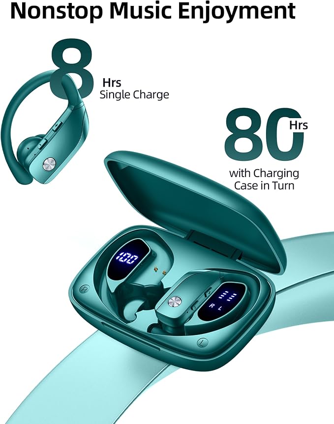 bmanl Wireless Earbuds Bluetooth Headphones Over Ear Hooks Ear Buds with 80H Playtime, LED Power Display, Dual Mic Clear Calls, Sports Wireless Ear Buds Bluetooth Earbuds for Running Gym Workout Green