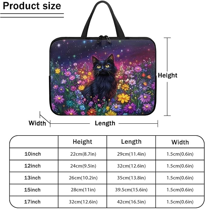 Galaxy Floral Laptop Handle Bag for Women 13 Inch Computer Protect Case Pouch Holder Black Cat Notebook Sleeve Neoprene Cover Soft Carrying Travel for 10-17 Inch Chromebook