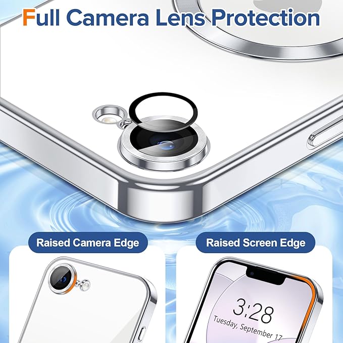 Hython Magnetic Clear for iPhone 17e Case with Camera Lens Protector [Compatible with MagSafe] Luxury Plating Edge Slim Soft TPU Cover Protective Phone Case for iPhone 17e 6.1", Silver