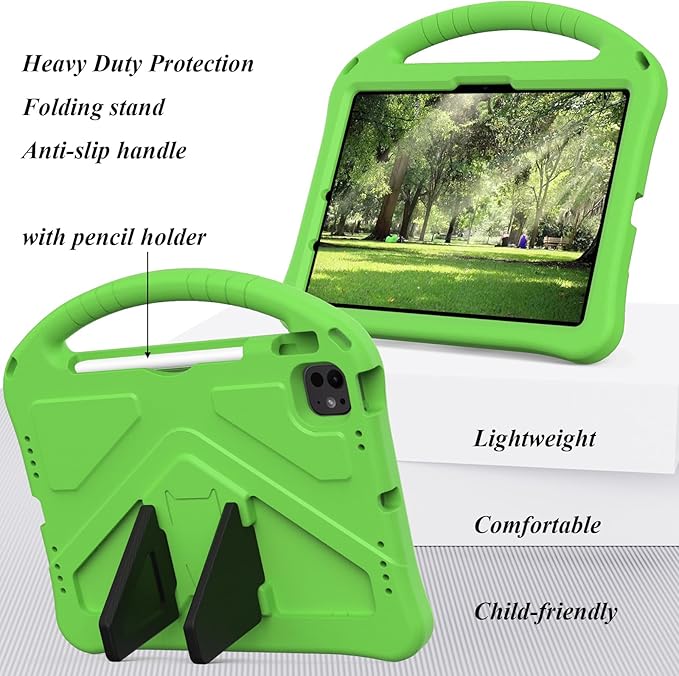Kids Case for iPad Air 11 inch M4/M3/M2 (2026/2025/2024) with Pencil Holder/Shockproof Handle/Kickstand/Slim Lightweight Soft EVA Foam Folio Stand Tablet Protective Girls Boys Cover, Green