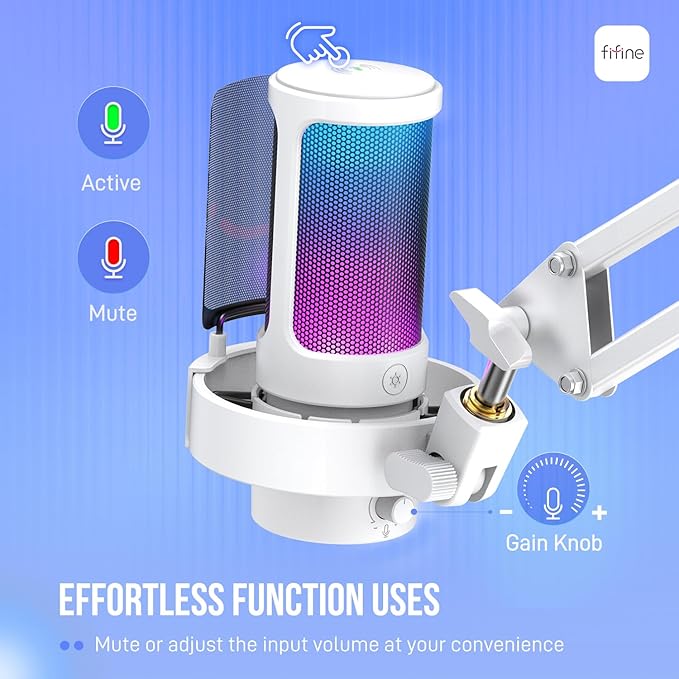 FIFINE Gaming PC USB Microphone Kit, Condenser RGB Mic with Metal Boom Arm, Mute, Gain Knob, Headphones Monitoring, Streaming Microphone Bundle for PS4/PS5, YouTube, Discord, Twitch-A8T White