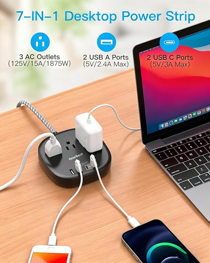 10 Ft Long Extension Cord, Cruise Ship Travel Essentials, 22.5W/4.5A Flat Plug Power Strip with 3 Outlets 4 USB Ports (2 USB C), 10ft Black Power Strip No Surge Protection, Desktop Charging Station