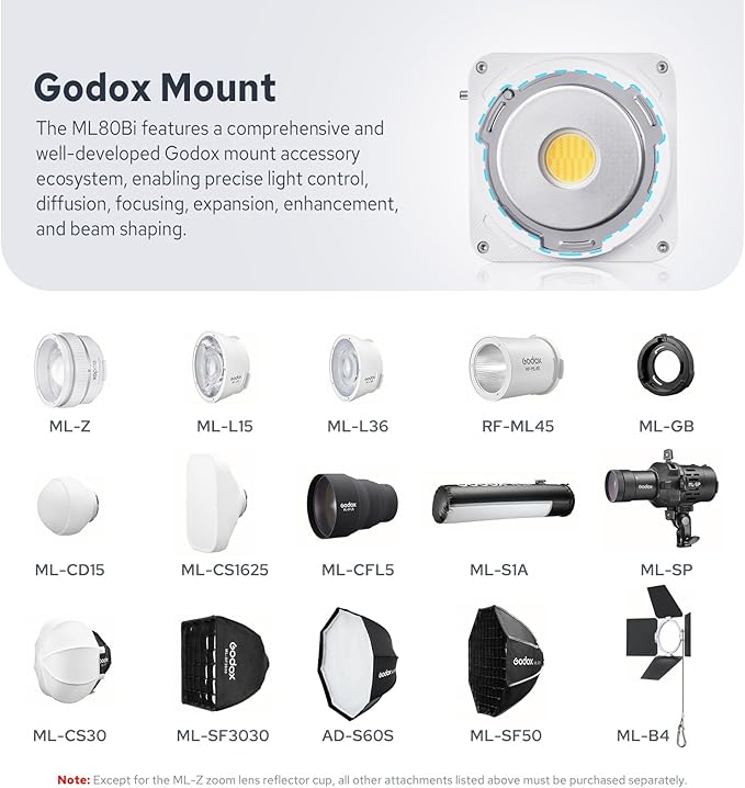 Godox ML80Bi COB Video Light w/95Wh Detachable Battery, Brighter Bi-Color Led Video Light 29600lux@5600K 1m, CRI 96, 2800K-6500K,11FX, Dimming 0%~100%, Portable Continuous Output Lighting Photography