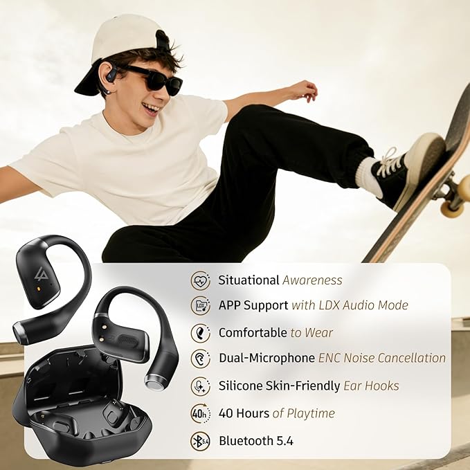 Open Ear Earbuds Wireless Bluetooth 5.4, 40H Playback Open Ear Headphones with Ear Hooks, ENC Noise Cancelling, IP55 Waterproof Sports Earbuds for Running Gym Workout Travel, Deep Bass Stereo