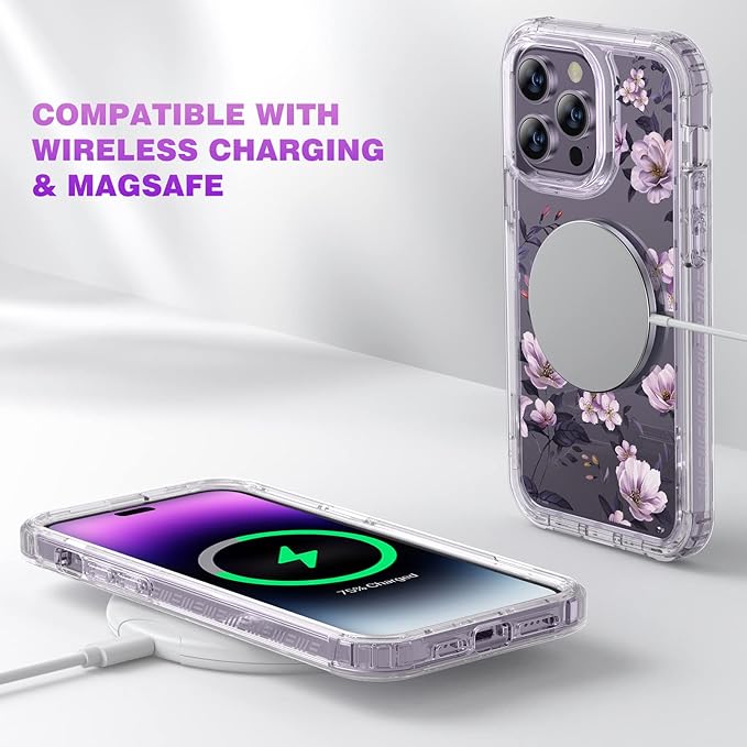 Diaclara Designed for iPhone 14 Pro Max Case 6.7’’, Full Body Rugged Phone Case w/Built-in Sensitive Anti-Scratch Screen Protector+9H Tempered Glass Camera Lens Protector(Clear Flower)